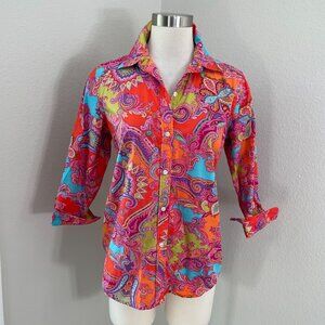 Chaps Womens Medium Paisley Button Up Shirt Vibrant Colorful Blouse 3/4 Sleeve